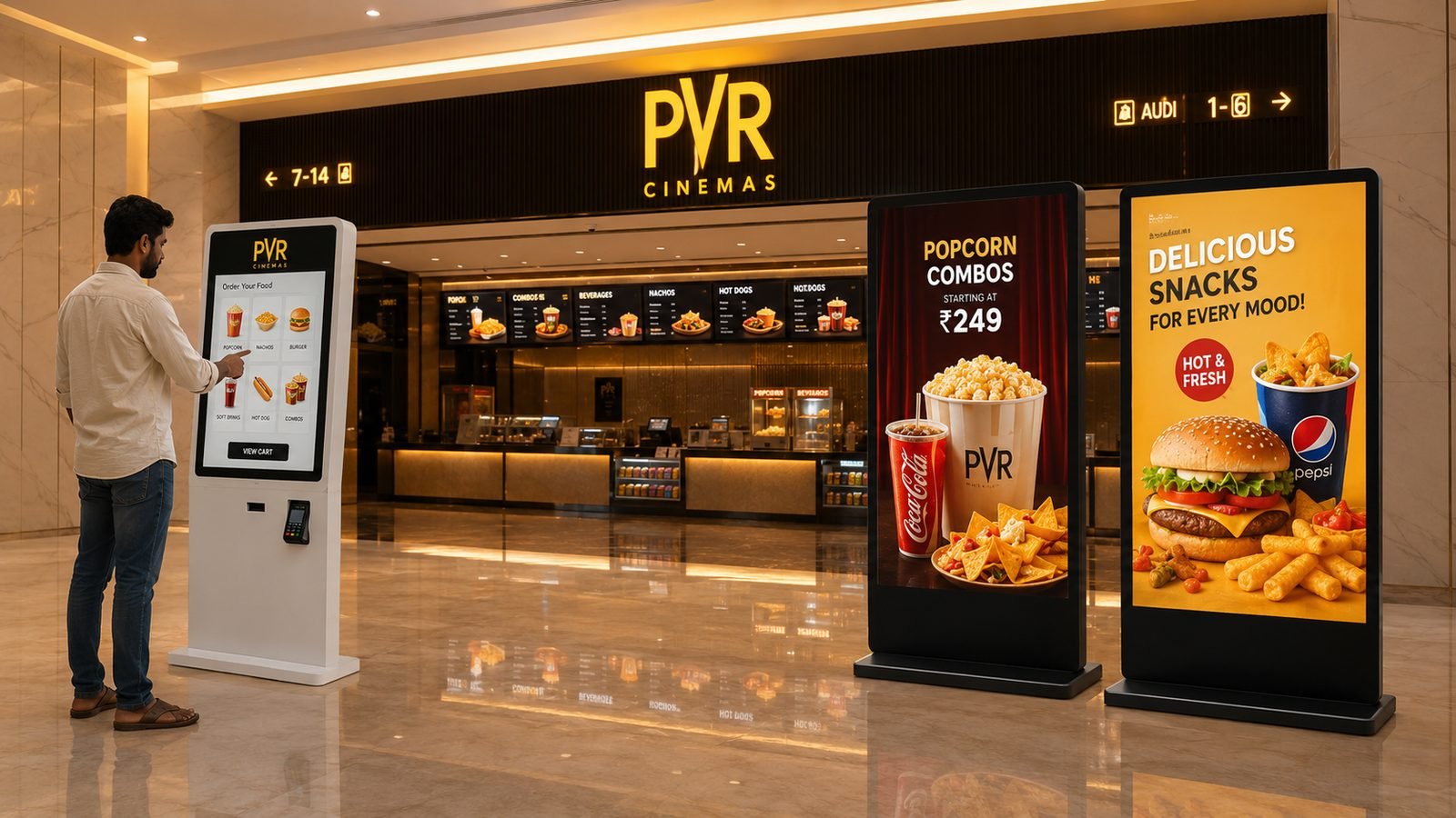 Self-service ordering kiosk and promotional standees in a cinema lobby