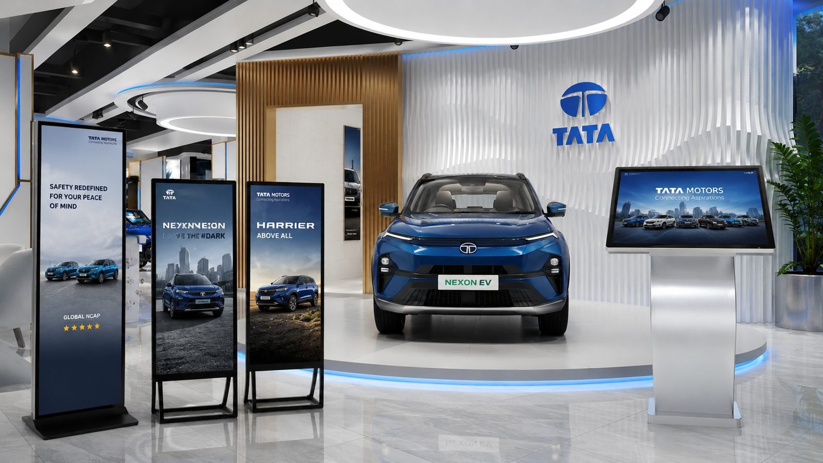 Digital standees and interactive kiosk in an automotive showroom